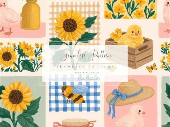 Download Sunflower Farmhouse Patchwork Seamless Pattern for Kids - Kids Collection